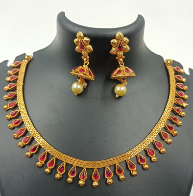 PBM CREATIONS Copper Gold-plated Red Jewellery Set(Pack of 1)