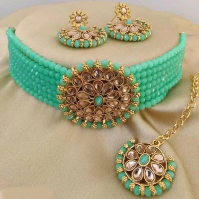 jatin imitation Metal, Stone Gold-plated Green Jewellery Set(Pack of 1)