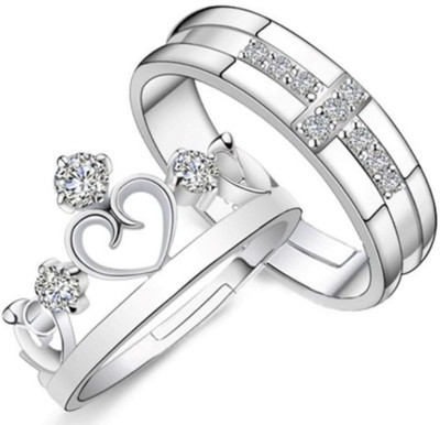 Vedansh Crown couple rings Stainless Steel Zircon Silver Plated Ring Set