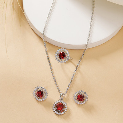 ZENEME Brass Rhodium Red Jewellery Set(Pack of 3)