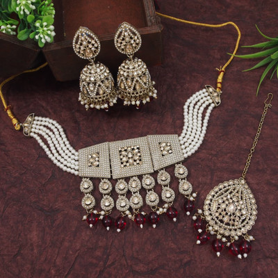 OrnaDzn Zevellery Alloy Gold-plated Maroon Jewellery Set(Pack of 4)