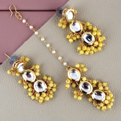 Lucky Jewellery Traditional Back Meena 18k Gold Plated uncut kundan Yellow Tika Earring set Beads Alloy Drops & Danglers