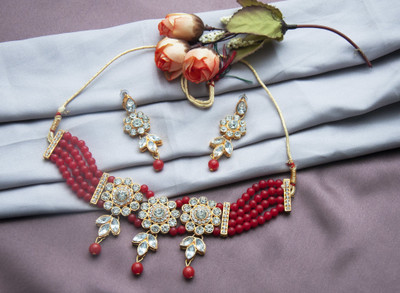 Arya Collection Alloy Gold-plated Red Jewellery Set(Pack of 1)