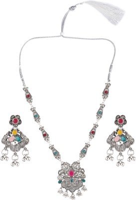 Pujvi Oxidised Silver Maroon Jewellery Set(Pack of 1)