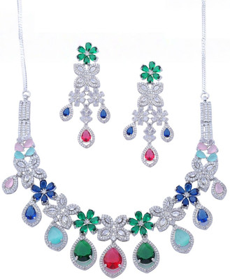 IKSAVA Brass Silver Red, Green, Blue, Silver, Pink Jewellery Set(Pack of 3)