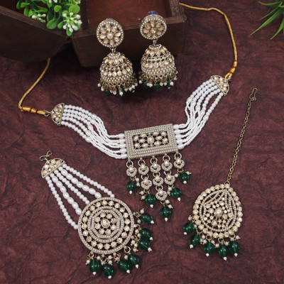 OrnaDzn Zevellery Alloy Gold-plated Green Jewellery Set(Pack of 4)