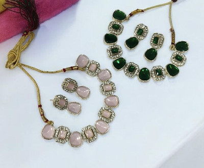 R A Enterprises Alloy Gold-plated Green, Pink Jewellery Set(Pack of 6)