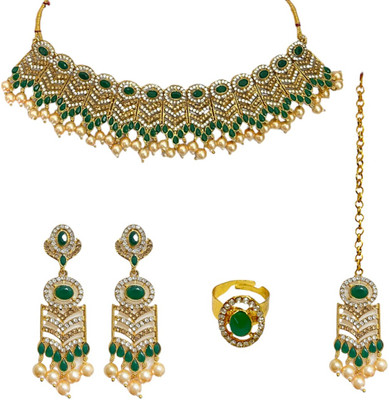 ACCESSHER Brass Gold-plated Gold, Green Jewellery Set(Pack of 1)