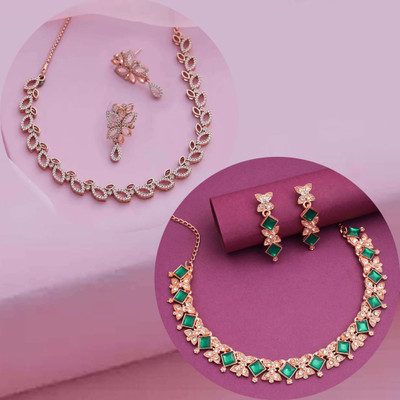 LYRISS Brass Gold-plated Green Jewellery Set(Pack of 2)