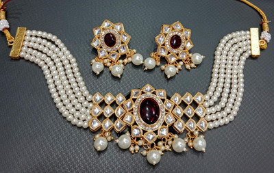 NIKYANKA Brass Gold-plated Gold, White, Maroon Jewellery Set(Pack of 3)