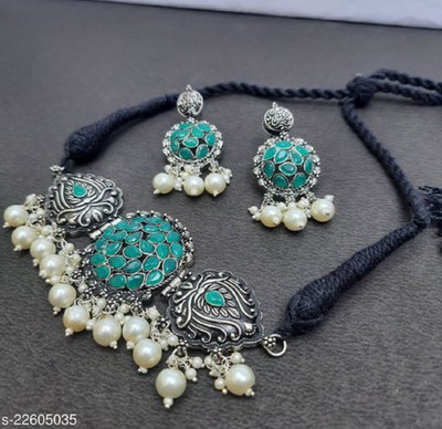 Velvet Jewelz Oxidised Silver Silver Green Jewellery Set(Pack of 1)