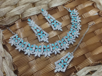 Rukma Alloy Rhodium Silver, Turquoise Jewellery Set(Pack of 4)