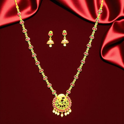 Aroras Bridal & Fashion Jewellery Brass Gold-plated Red Jewellery Set(Pack of 1)