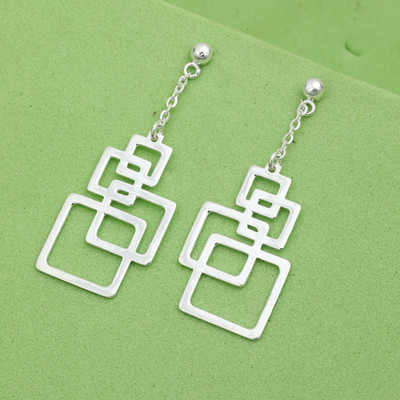 Maira Geometric Square Design Drop 925 Sterling Silver Drops & Danglers