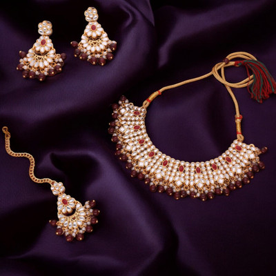 Parisal Brass Gold-plated Gold, Maroon Jewellery Set(Pack of 1)