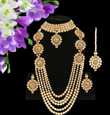 URBANELA American Diamond Studded Kundan and Pearl wedding and Engagement special Necklace Bridal Jewellery Beads, Pearl,  Gold-plated Plated Alloy Necklace