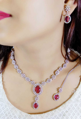 NEN COLLECTION Alloy Silver Ruby Red Jewellery Set(Pack of 4)