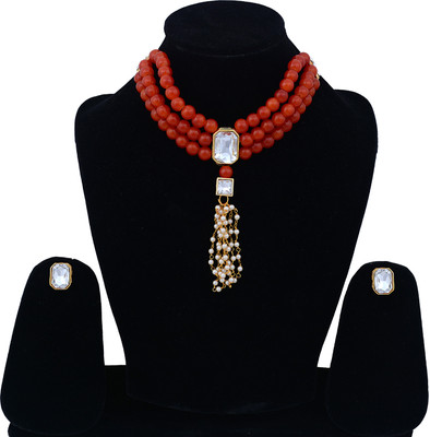 Darsha Collections Brass, Mother of Pearl, Dori, Alloy Gold-plated Red Jewellery Set(Pack of 1)