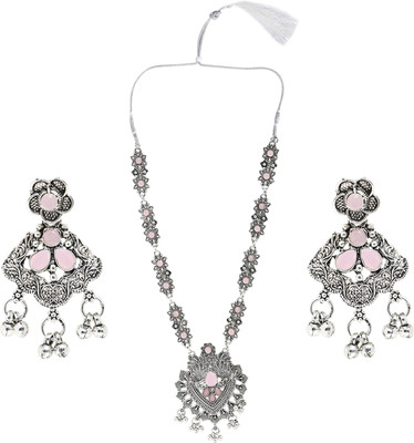 Pujvi Oxidised Silver Pink Jewellery Set(Pack of 1)