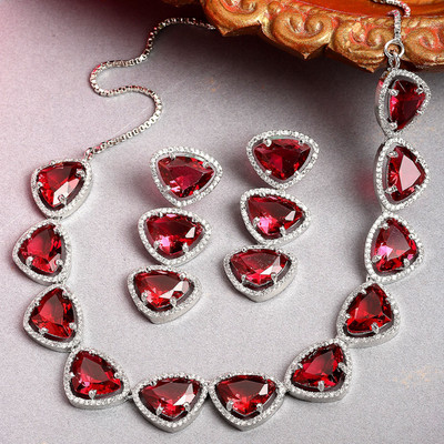 ZENEME Brass Rhodium Silver, Red Jewellery Set(Pack of 1)