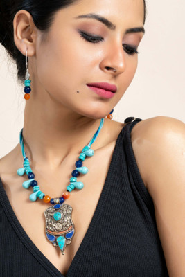 Look And Adorn Oxidised Silver Blue Jewellery Set(Pack of 1)