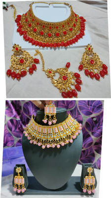 maha maya Alloy Gold-plated Red, White, Pink Jewellery Set(Pack of 2)