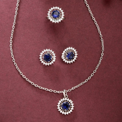 ZENEME Brass Rhodium Blue Jewellery Set(Pack of 3)