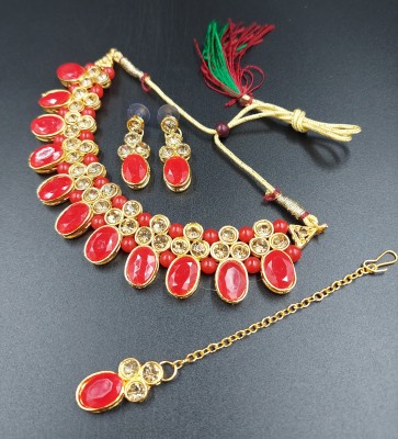 MAHIRA IMMITATION Brass Gold-plated Red Jewellery Set(Pack of 4)