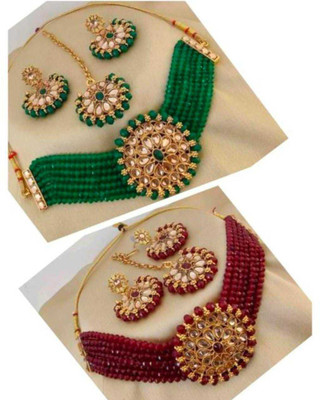 Dhirajart Alloy Gold-plated Green, Maroon Jewellery Set(Pack of 1)