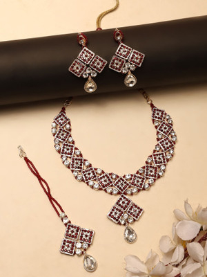 Anika's Creation Brass Gold-plated Maroon Jewellery Set(Pack of 4)