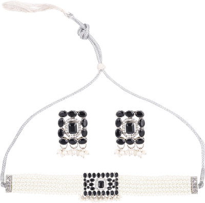 Pujvi Oxidised Silver Black Jewellery Set(Pack of 1)