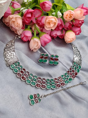 DENICRAAS Oxidised Silver Silver Red, Green Jewellery Set(Pack of 1)