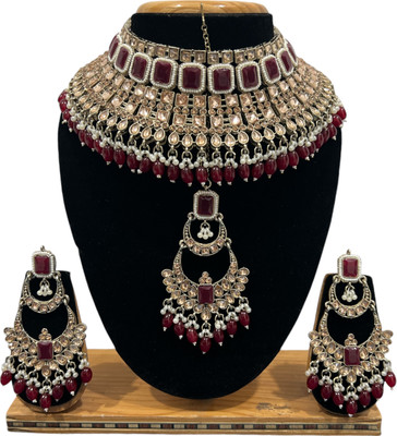 SS IMITATION JEWELLERY Alloy Gold-plated Maroon Jewellery Set(Pack of 3)