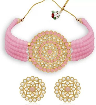 J J Alloy Gold-plated Pink Jewellery Set(Pack of 1)