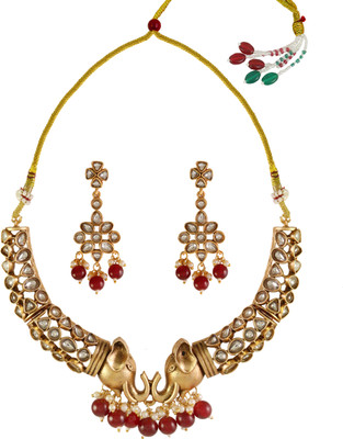 khannak Brass, Stone Gold-plated Gold, Red Jewellery Set(Pack of 1)