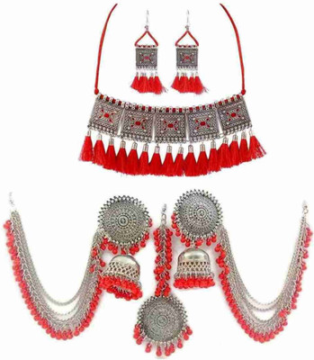 Shiv Oxidised Silver Sterling Silver Red Jewellery Set(Pack of 3)