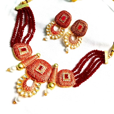 Nawab Collection Alloy Platinum Maroon Jewellery Set(Pack of 1)