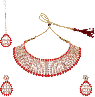 JEWELS GURU Brass Gold-plated Red Jewellery Set(Pack of 4)