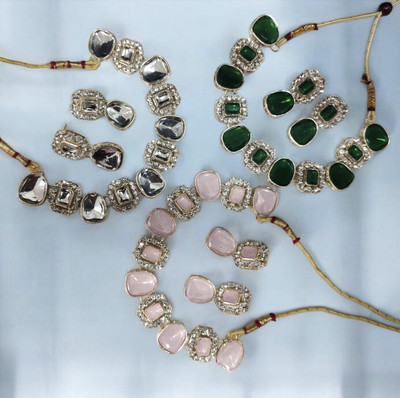 R A Enterprises Alloy Gold-plated Pink, Green, White Jewellery Set(Pack of 9)