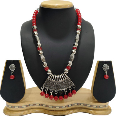 Geesa Oxidised Silver Red Jewellery Set(Pack of 1)