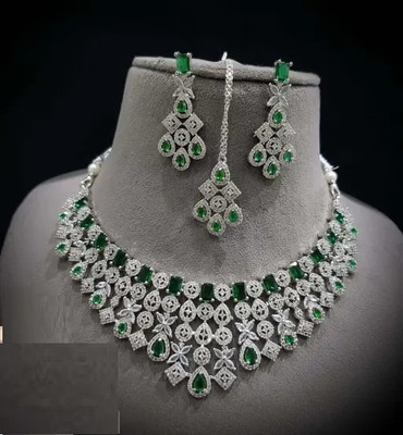 Laali Alloy Rhodium Green Jewellery Set(Pack of 3)
