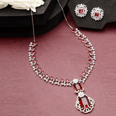 ZENEME Brass Rhodium Red Jewellery Set(Pack of 3)