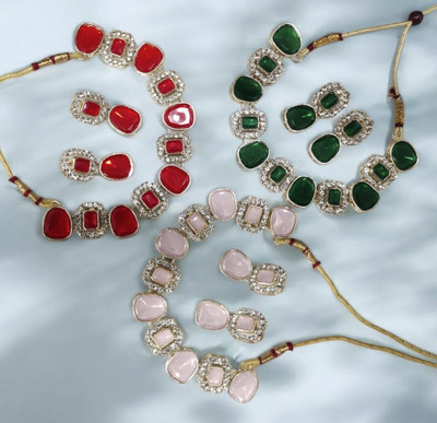 R A Enterprises Alloy Gold-plated Pink, Green, Red Jewellery Set(Pack of 6)
