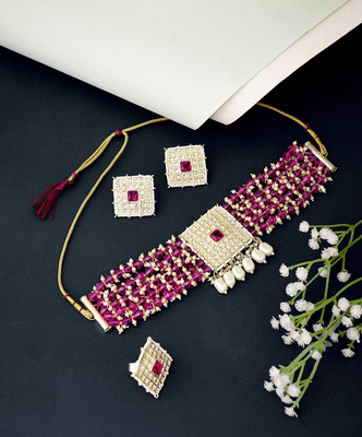 Atibelle Brass Gold-plated Maroon, White Jewellery Set(Pack of 1)