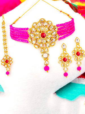 JEWELS GURU Alloy Gold-plated Pink, Gold, White Jewellery Set(Pack of 1)
