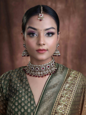 SAIYONI Brass Gold-plated Maroon Jewellery Set(Pack of 4)