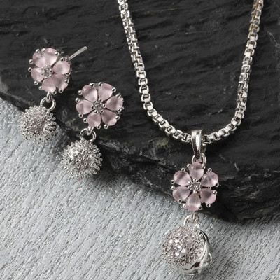 ZENEME Brass Rhodium Pink Jewellery Set(Pack of 3)