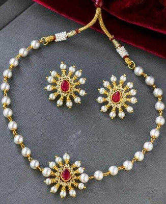 MB Creation Brass Gold-plated Red Jewellery Set(Pack of 1)