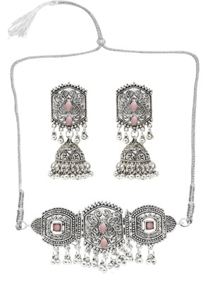 Pujvi Oxidised Silver Pink Jewellery Set(Pack of 1)