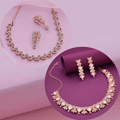 Divastri Brass Gold-plated Pink Jewellery Set(Pack of 2)